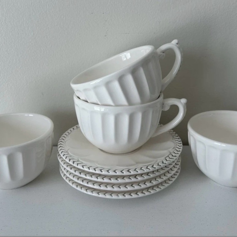 American Atelier Athena White Ironstone Mugs W/Saucers 5166- Set of 4